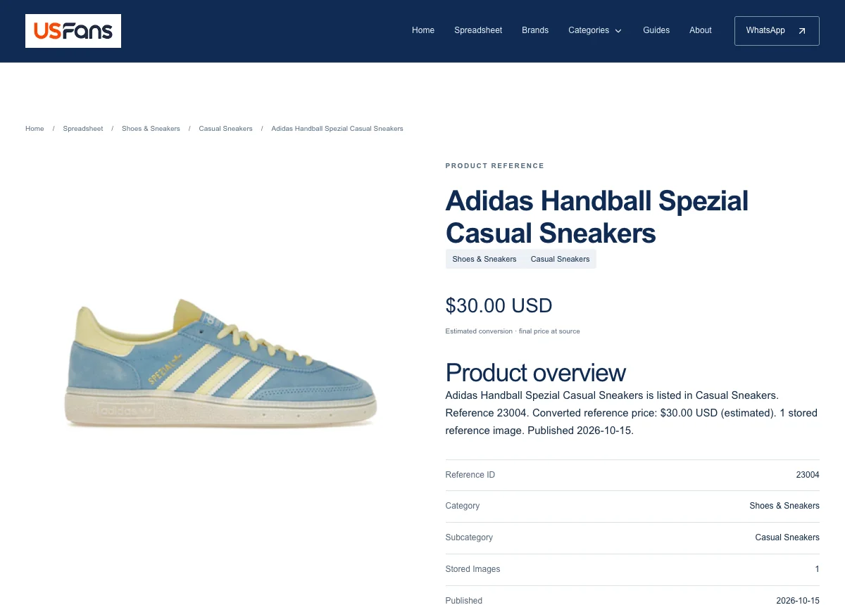 A casual sneaker catalog reference with title, source reference ID and estimated dollar amount