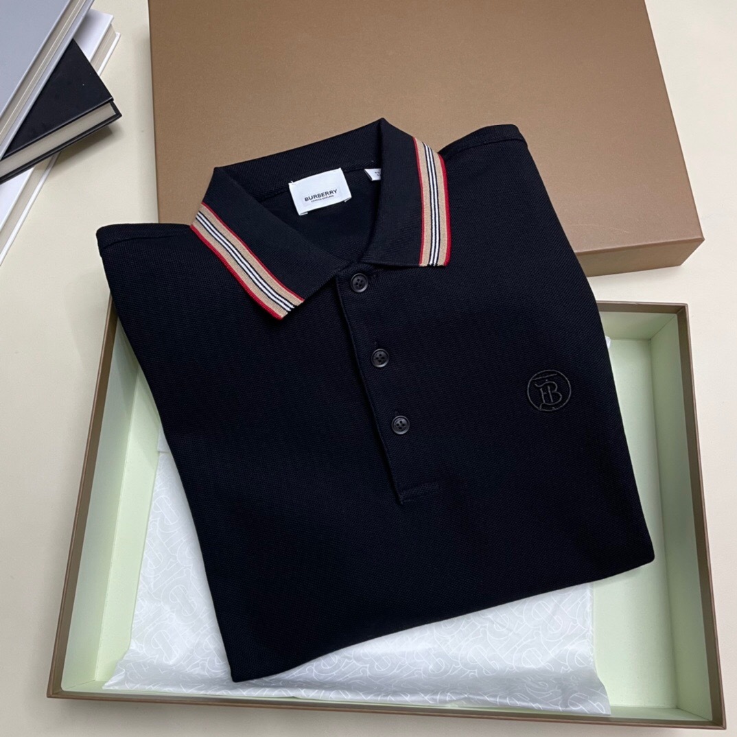 P289 Burberry Multicolour Striped-Collar Polo Shirt - Black
