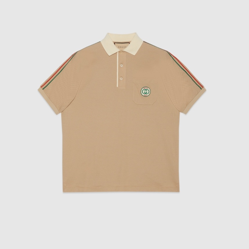 P349 Gucci Small Interlocking-Logo Embroidered Web-Trim Polo Shirt