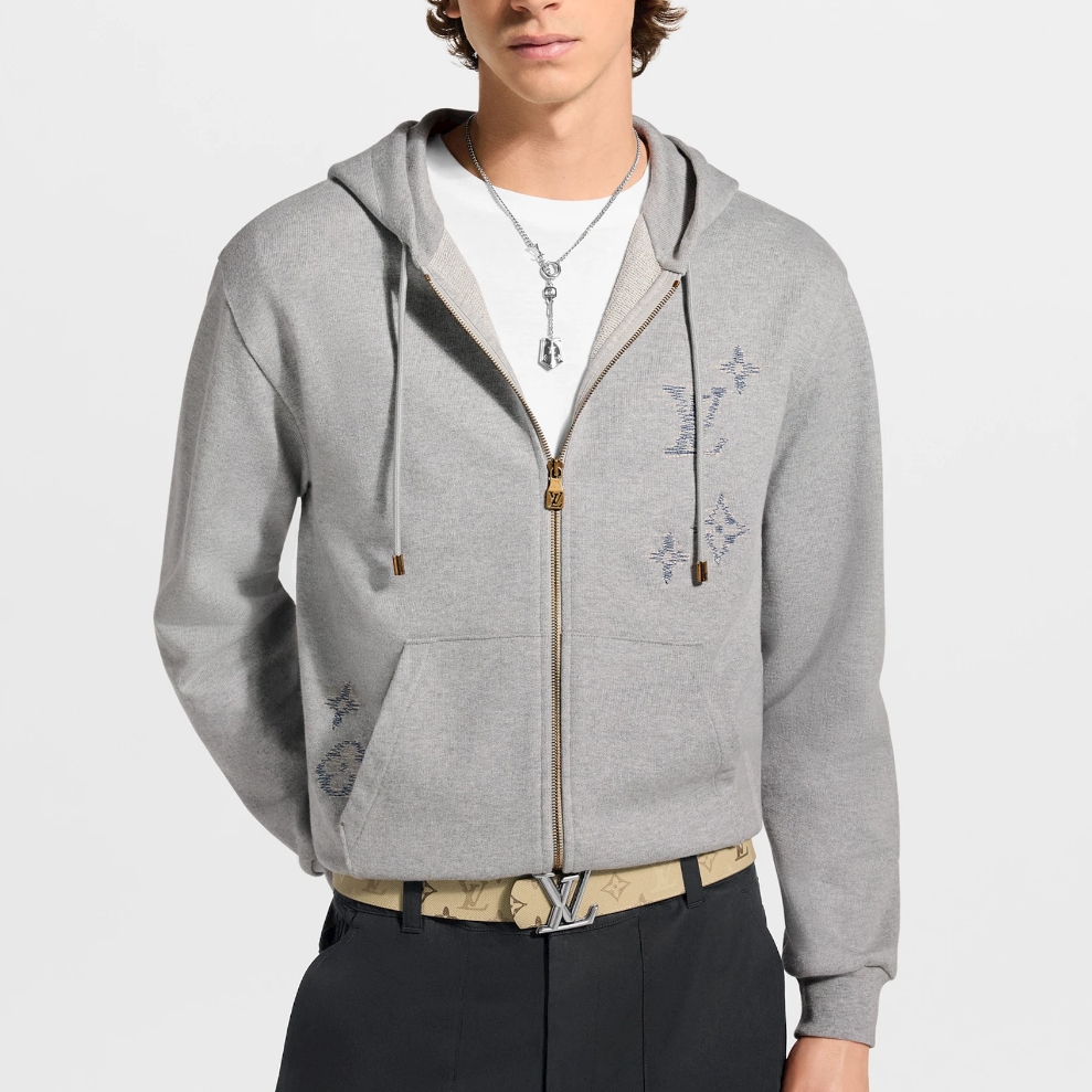 P499 Three-Flower Embroidered Zip-Up Hoodie - Grey